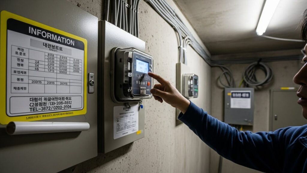 아파트 계량기실에서 전기 계량기와 안내 스티커를 확인하는 실사 장면