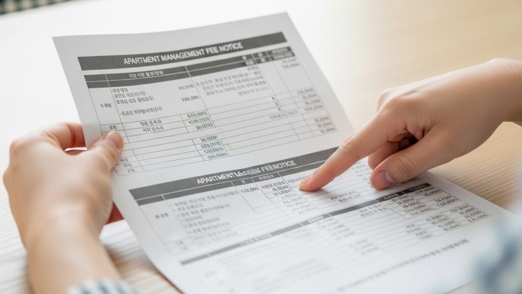 아파트 관리비 고지서를 펼쳐 항목별 금액을 비교 확인하는 실사 이미지