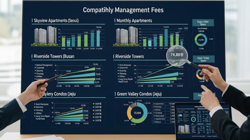 아파트 단지의 동별 관리비 차이를 분석하는 장면의 실사 이미지