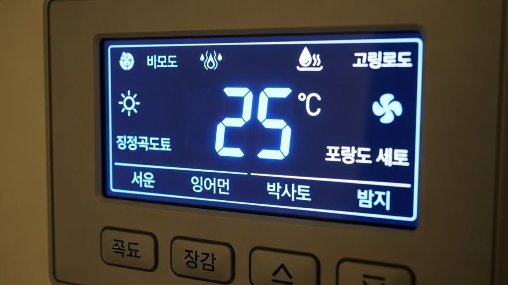 전기 보일러 조절기 화면에서 난방 온도 설정을 확인하는 실사 이미지
