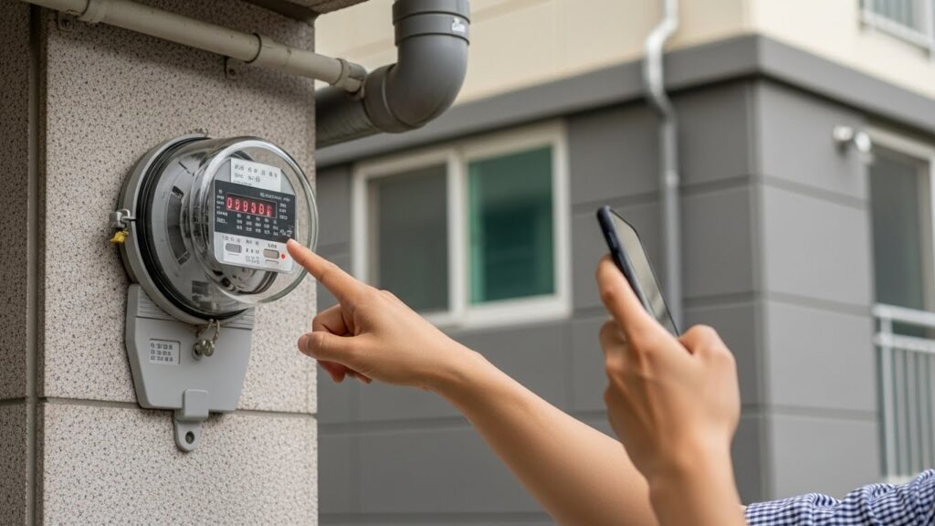 전기계량기를 확인하며 가정 전기요금 원인을 점검하는 실사 이미지