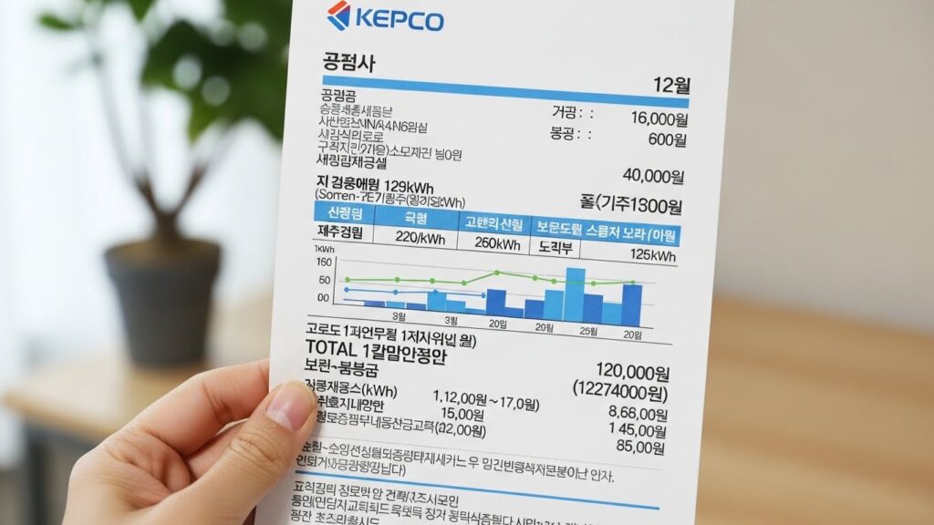 전기요금 고지서를 손에 들고 전력 사용량과 기간을 확인하는 실사 이미지