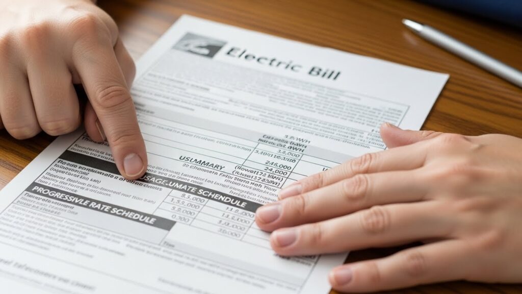 전기요금 고지서를 펼쳐 놓고 사용량과 누진제 구간을 손으로 짚어 확인하는 실사 이미지