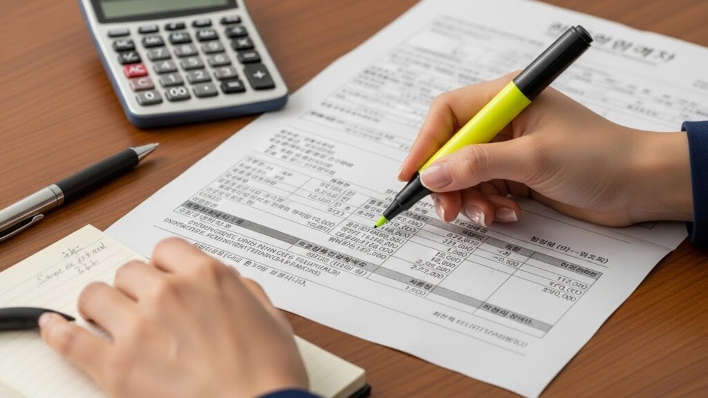 전기요금 고지서를 펼쳐 놓고 항목별 금액을 확인하는 실사 이미지