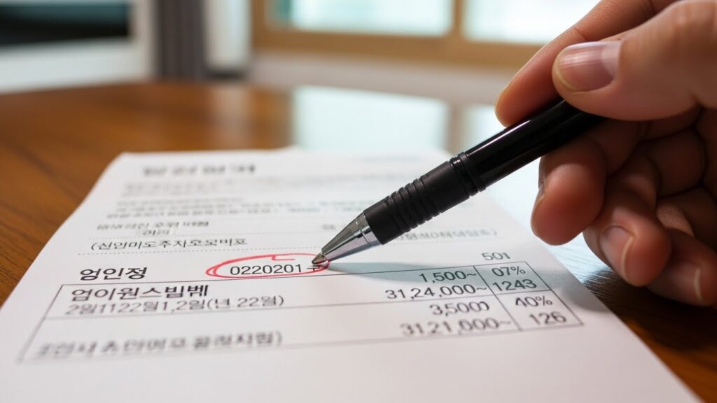 전기요금 고지서에서 검침기간과 사용량을 펜으로 표시하며 비교하는 실사 장면