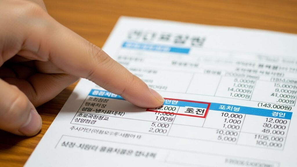 전기요금 고지서에서 기본요금 항목을 손가락으로 짚어 확인하는 실사 장면