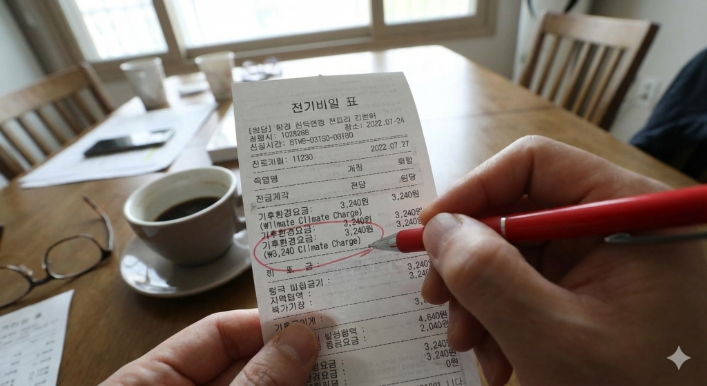 전기요금 고지서에서 기후환경요금 항목을 펜으로 표시하며 확인하는 실사 장면