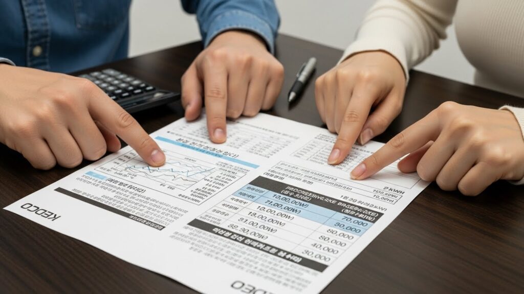 전기요금 고지서에서 사용량과 누진구간 관련 항목을 손가락으로 짚으며 확인하는 실사 장면