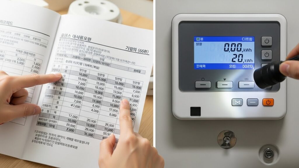 전기요금 고지서와 계량기 숫자를 나란히 비교하며 사용량을 확인하는 실사 이미지