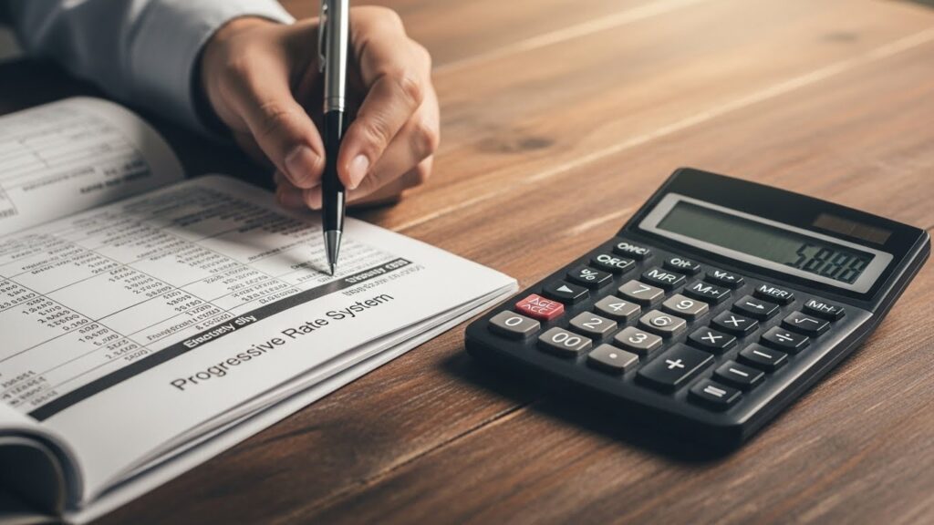 전기요금 고지서와 계산기를 책상 위에 놓고 누진제 구간을 확인하는 실사 이미지