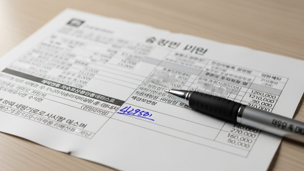 전기요금 고지서와 펜으로 목표 사용량을 메모하는 실사 이미지