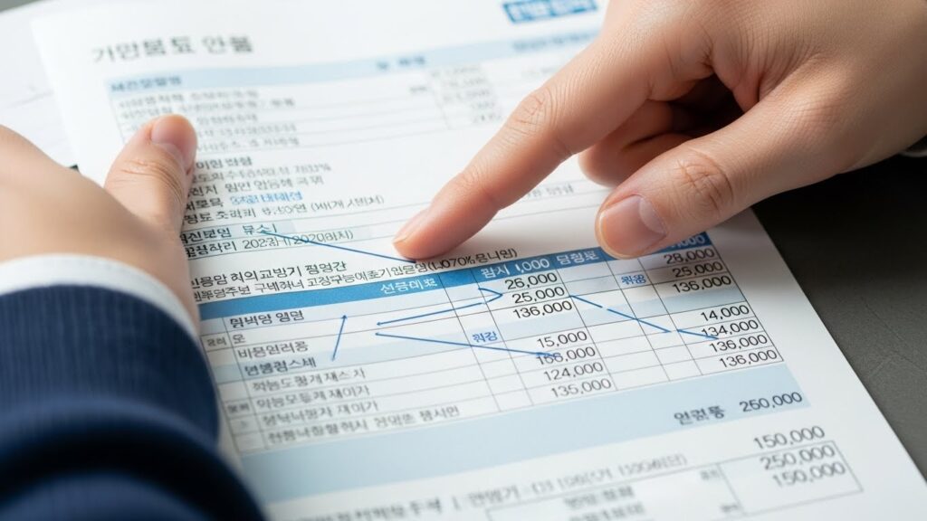 전기요금 고지서의 항목을 손가락으로 짚어보며 설명하는 실사 이미지