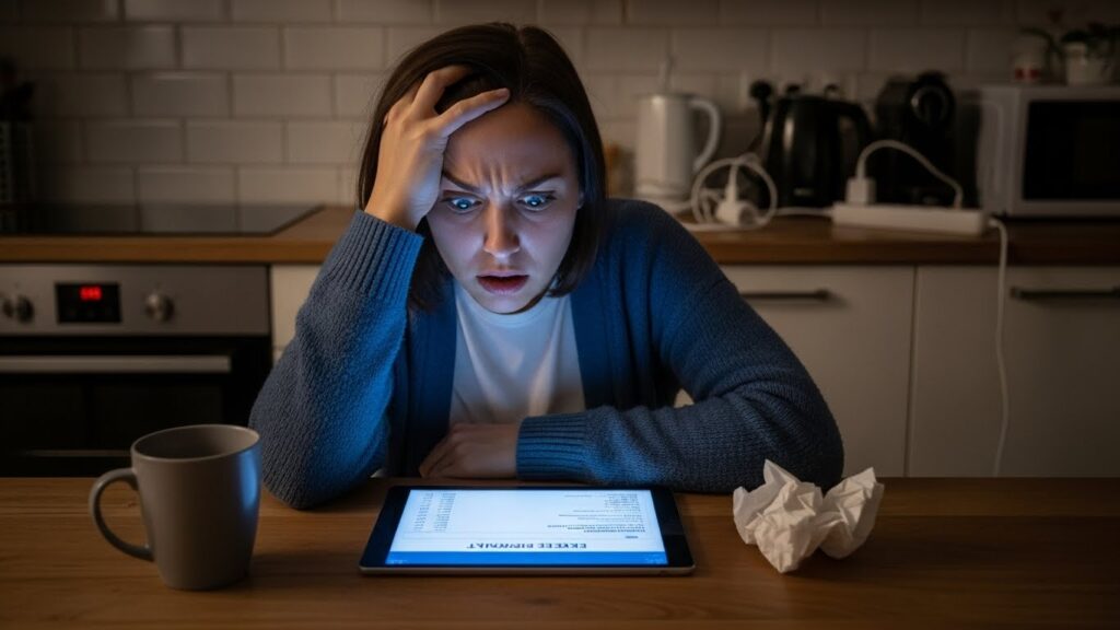 전기요금 많이 나와서 고지서를 보고 속상해 하는 실사 이미지