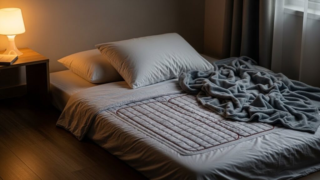 전기장판 위에 놓인 취침 공간 모습