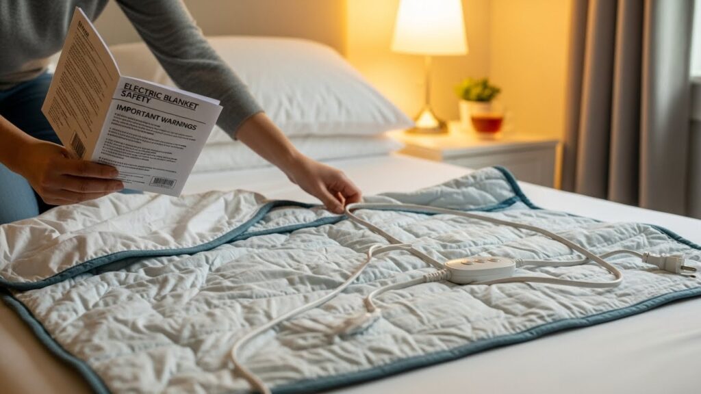 전기장판 주변을 정리하고 안전 수칙을 점검하는 모습