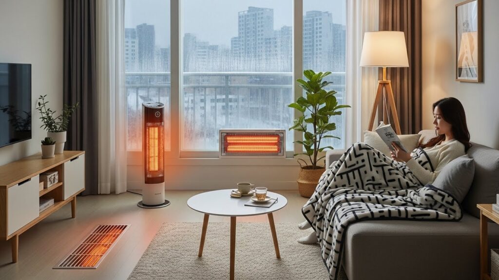 전기히터 초기난방 후 전기장판과 보일러로 유지 난방하는 장면