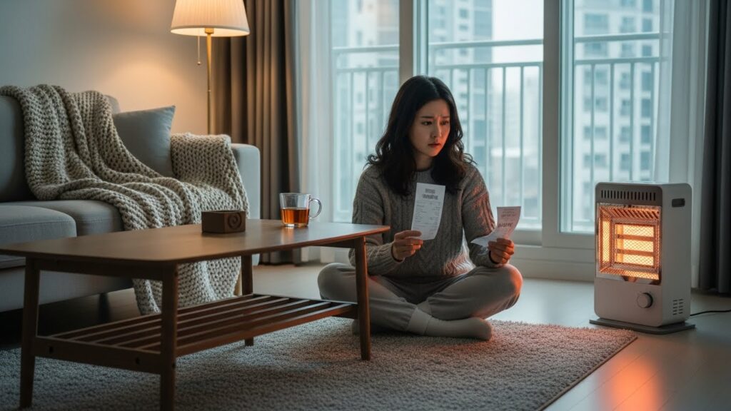 전기히터가 켜진 겨울 거실에서 전기요금을 고민하는 모습