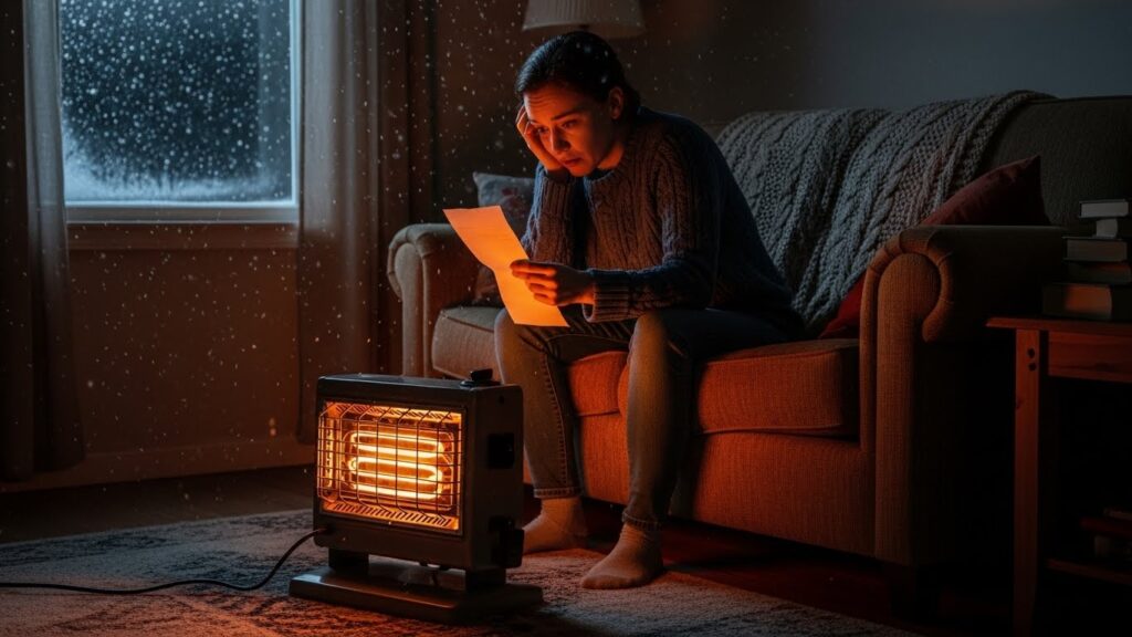전기히터가 켜진 겨울 거실에서 전기요금을 고민하는 모습