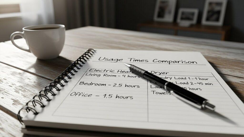 전기히터와 건조기 사용 시간을 메모장에 적어 비교하는 실사 이미지
