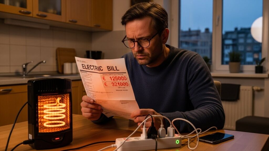 전기히터와 멀티탭이 켜져 있는 상태에서 전기요금 고지서를 보고 놀라는 실사 이미지