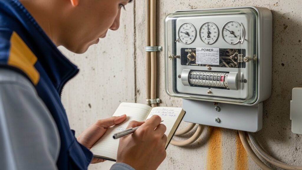 전력량 계량기를 직접 확인하며 숫자를 기록하는 실사 이미지