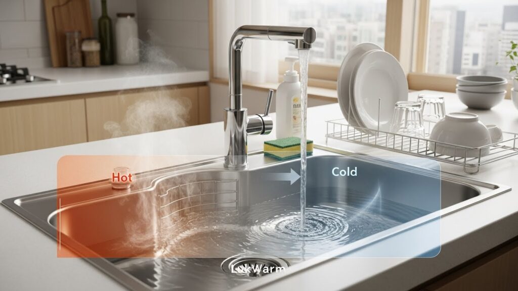 주방 싱크대에서 설거지 시 온수 사용을 줄이기 위해 단계별로 물 온도를 조절하는 실사 이미지