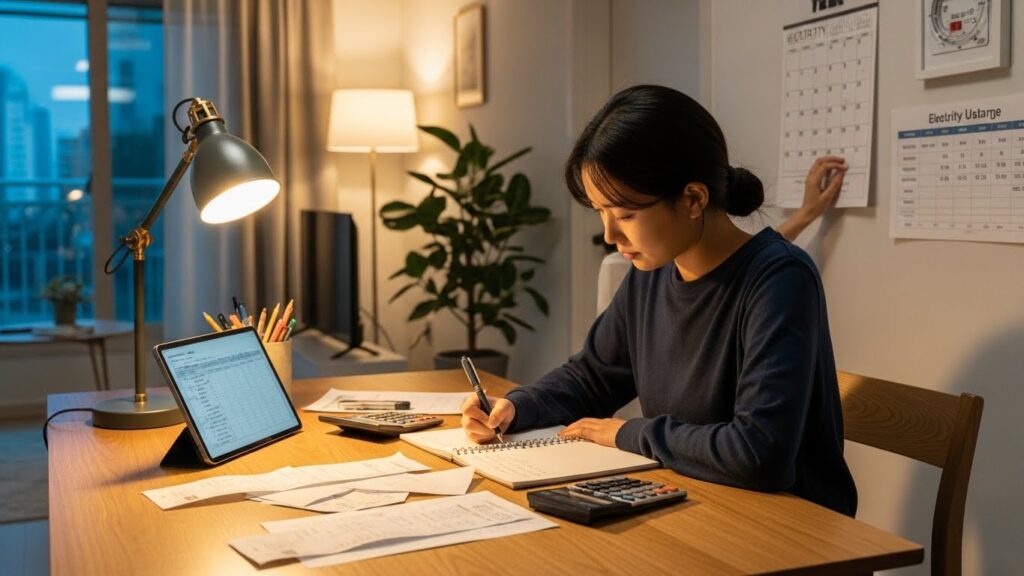 집에서 메모장에 전기요금 항목을 적고 자주 쓰는 가전 사용 시간을 체크하는 실사 장면