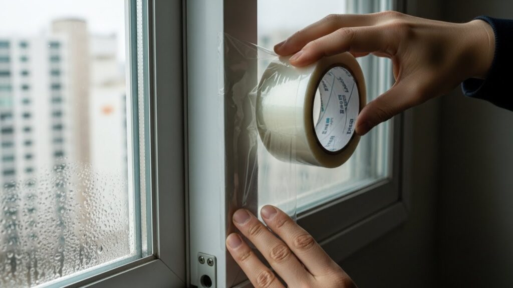 창문 틈 외풍을 확인하고 단열 테이프를 붙여 열이 새는 부분을 막는 실사 이미지