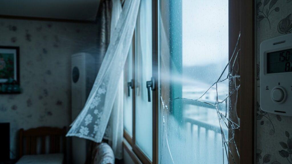 창문 틈으로 바람이 들어와 난방 손실이 발생하는 모습을 표현한 실사 이미지