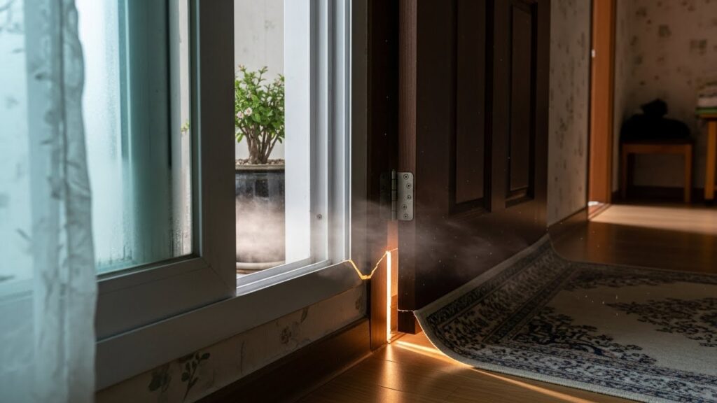 창문 하부와 문틈에서 외풍이 들어오는 그림