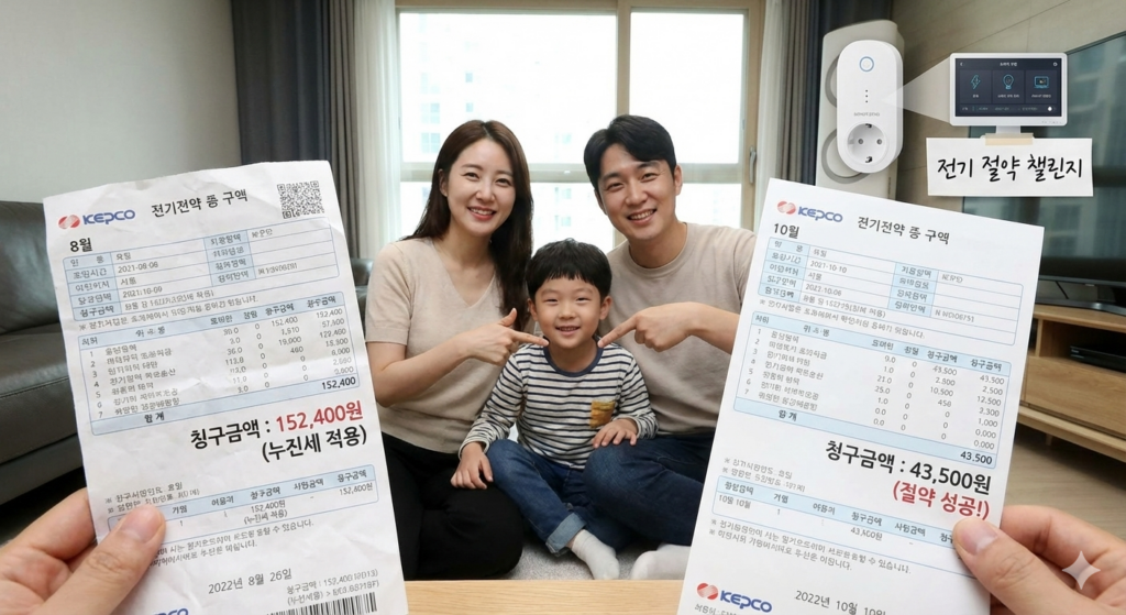 한국 가정에서 전기 사용량을 줄인 후 전기요금 변화를 비교하는 실사 이미지