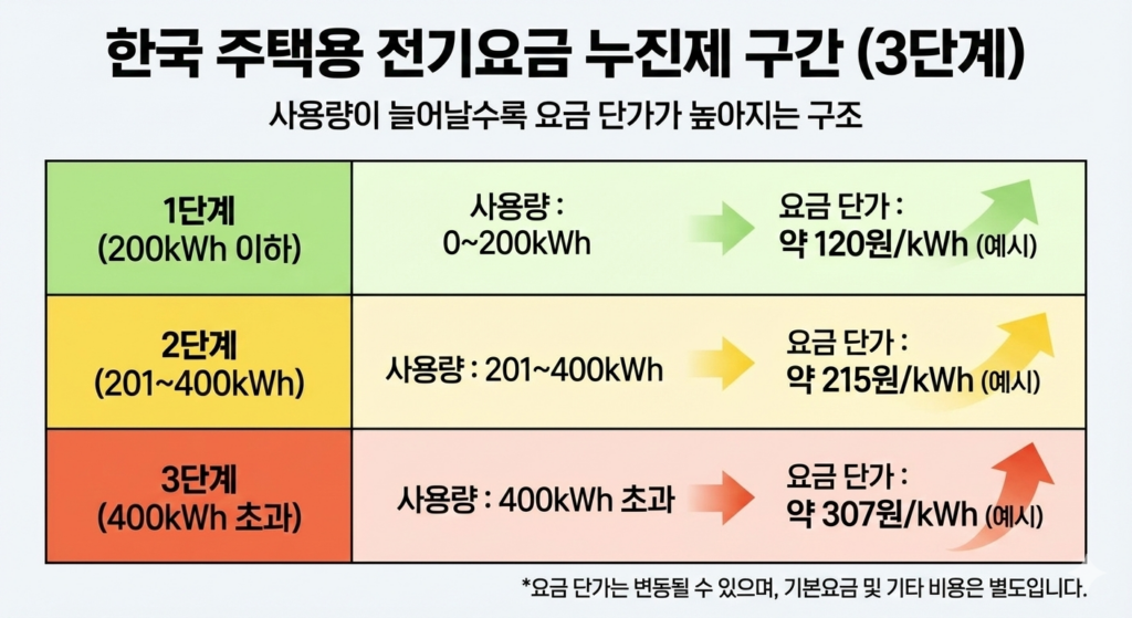 한국 누진제 구간을 설명한 차트 표를 이미지