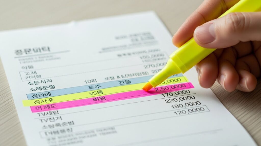 형광펜으로 전기요금 고지서의 항목별 금액을 나눠 표시하며 비교하는 실사 장면