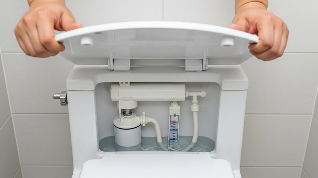 화장실 변기 물탱크 내부를 열어 누수 여부를 점검하는 실사 이미지